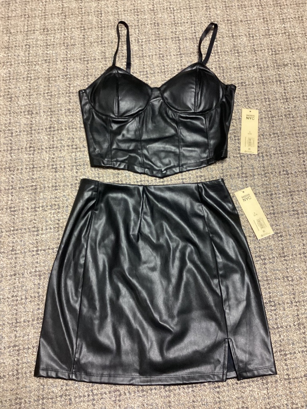 Madden NYC Faux Leather Black Bustier Bra Cup Top & A-Line Slit Mini Skirt S 3-5